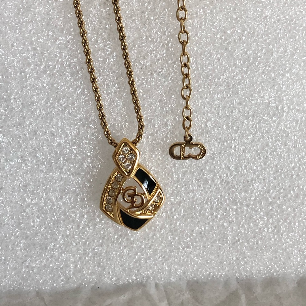 Dior logo Necklace pendant gold crystals black enamel rhinestones CD